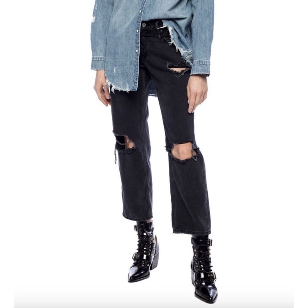 All Saints Alana Boyfriend Jeans Faded Black Relaxed Destroyed Cropped Size 27